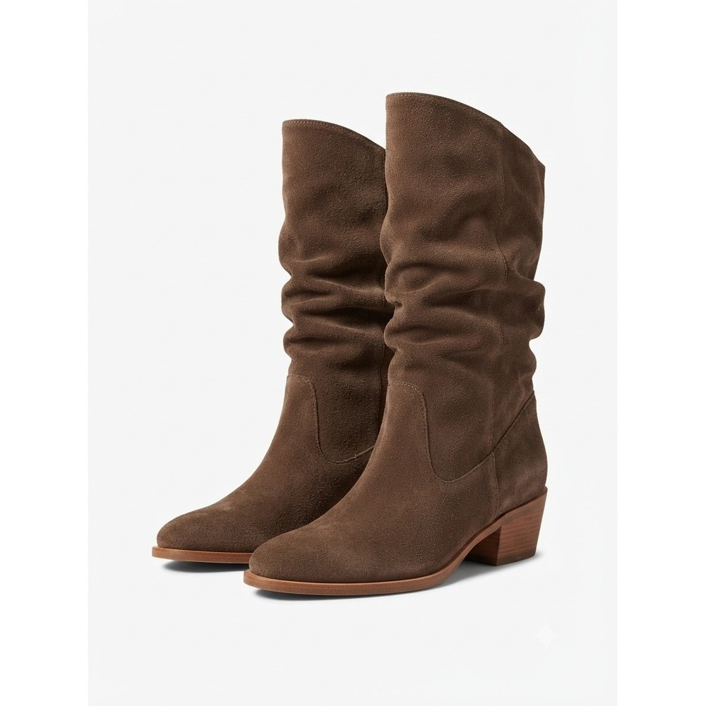 Nicole Brown Minimalist Suede Slouchy Mid Calf Pointed Toe Cowgirl Boots 8M
